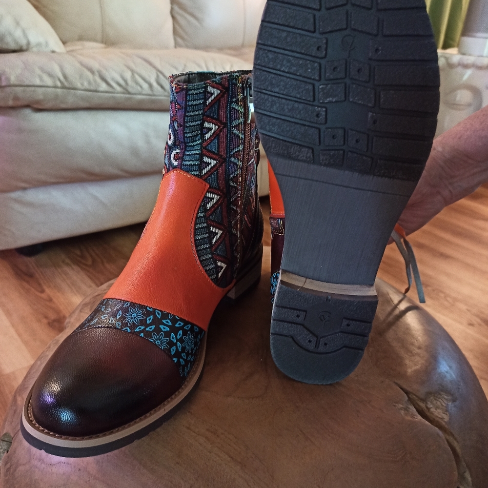 Women's Multicolor Heeled Ankle Boots - Orange, Brown & Patterned
